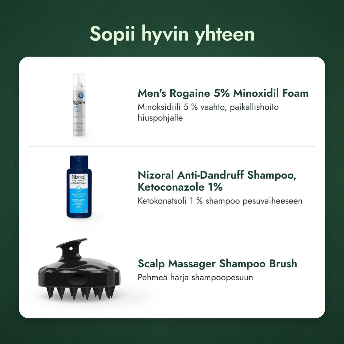 Sopii hyvin yhteen: Men's Rogaine 5 % minoksidiilivaahto, Nizoral-hilseshampoo, ketokonatsoli 1 %, Hiuspohjahieroja ja shampooharja