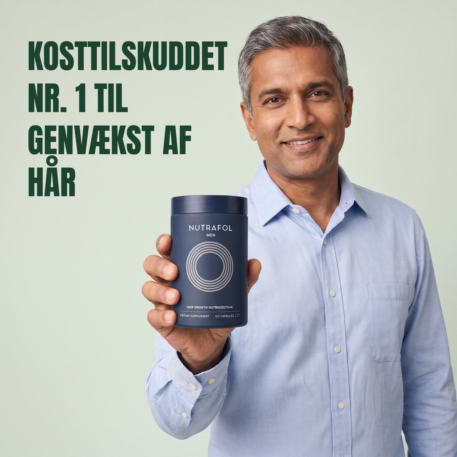 Man holding the Nutrafol for Men supplement box against a green background