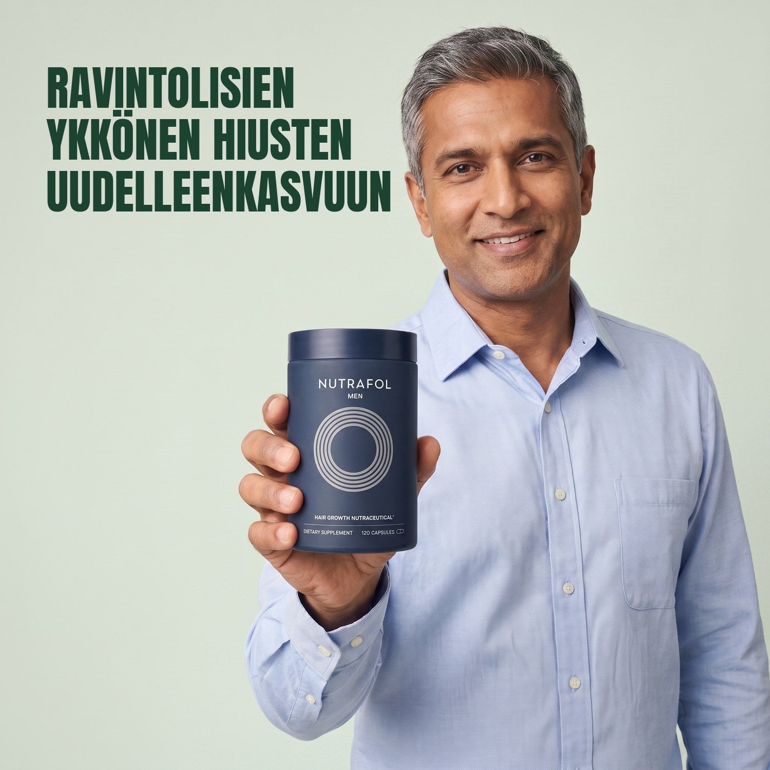 Man holding the Nutrafol for Men supplement box against a green background