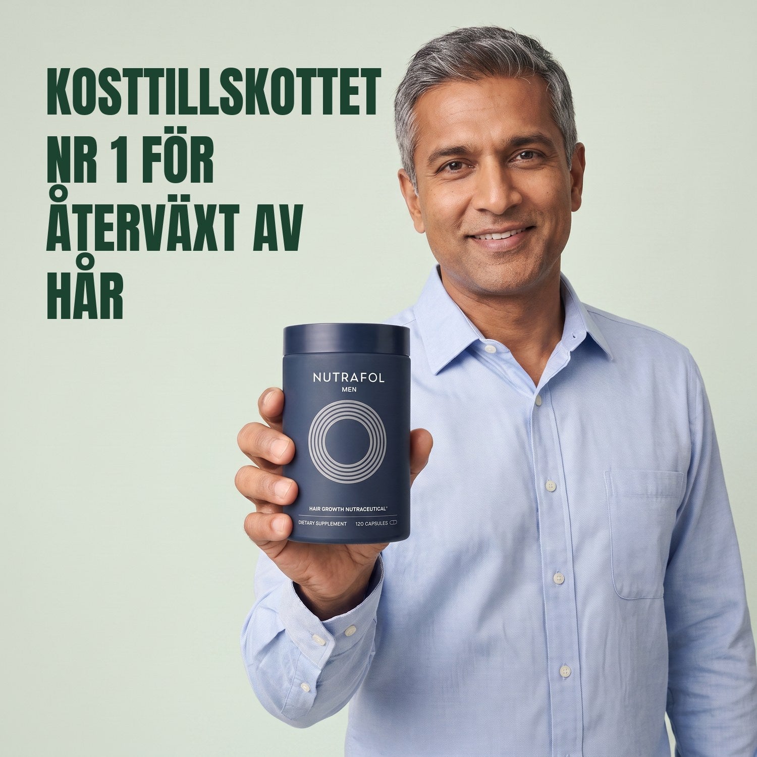 Man holding the Nutrafol for Men supplement box against a green background