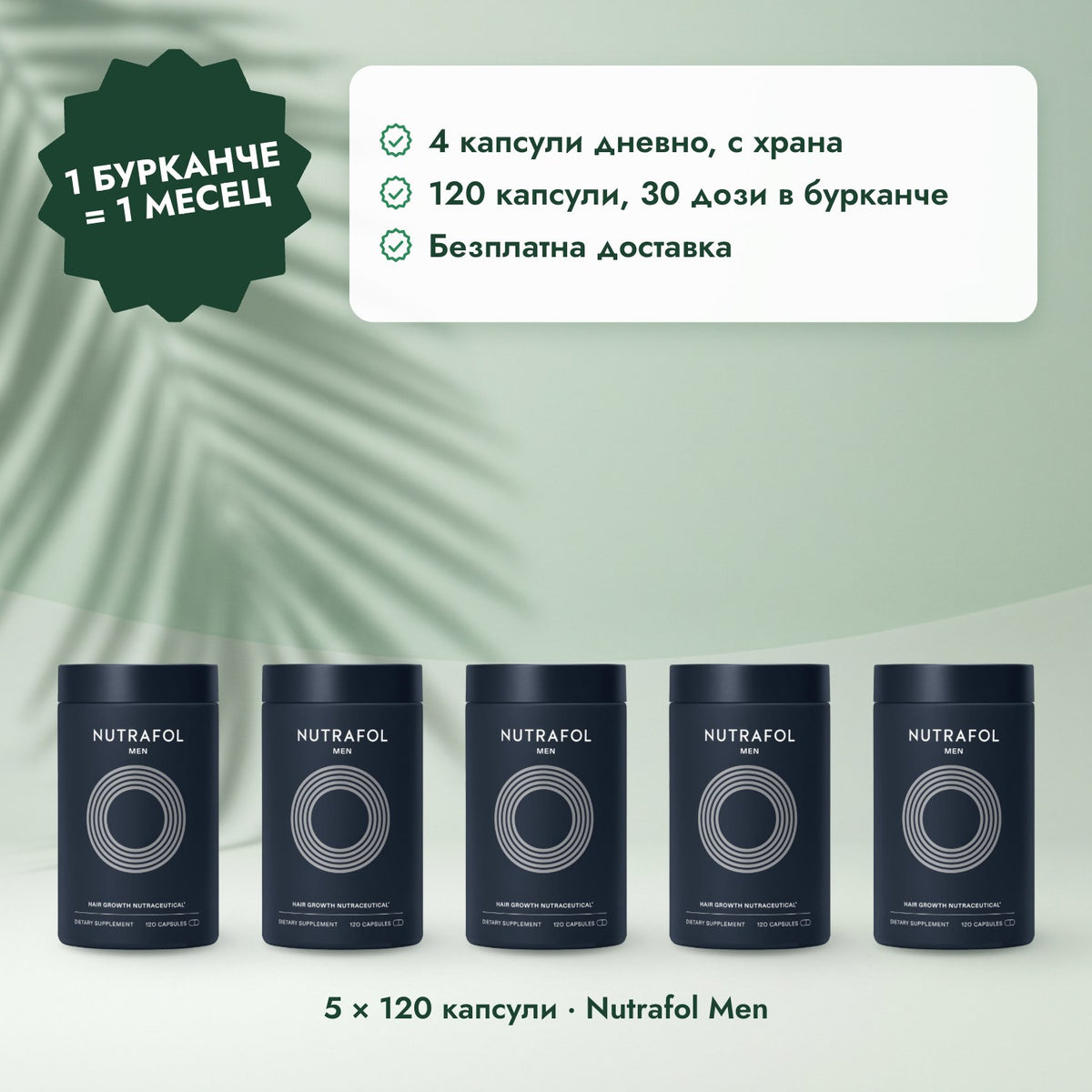 5 × 120 капсули · Nutrafol Men: 1 бурканче = 1 месец