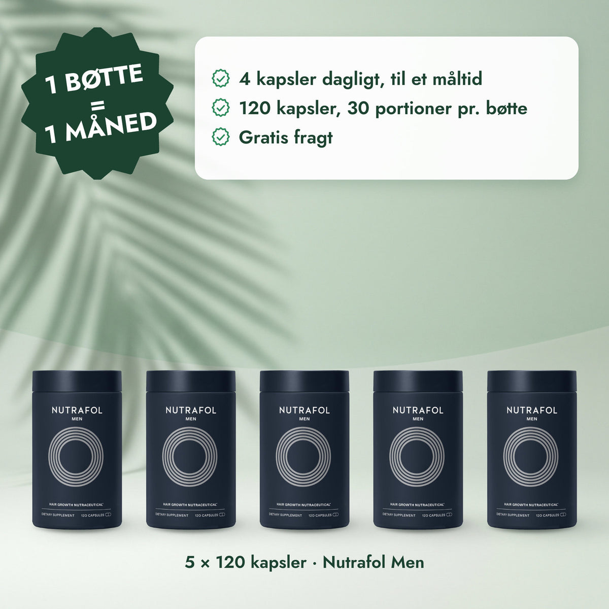 5 × 120 kapsler · Nutrafol Men: 1 bøtte = 1 måned