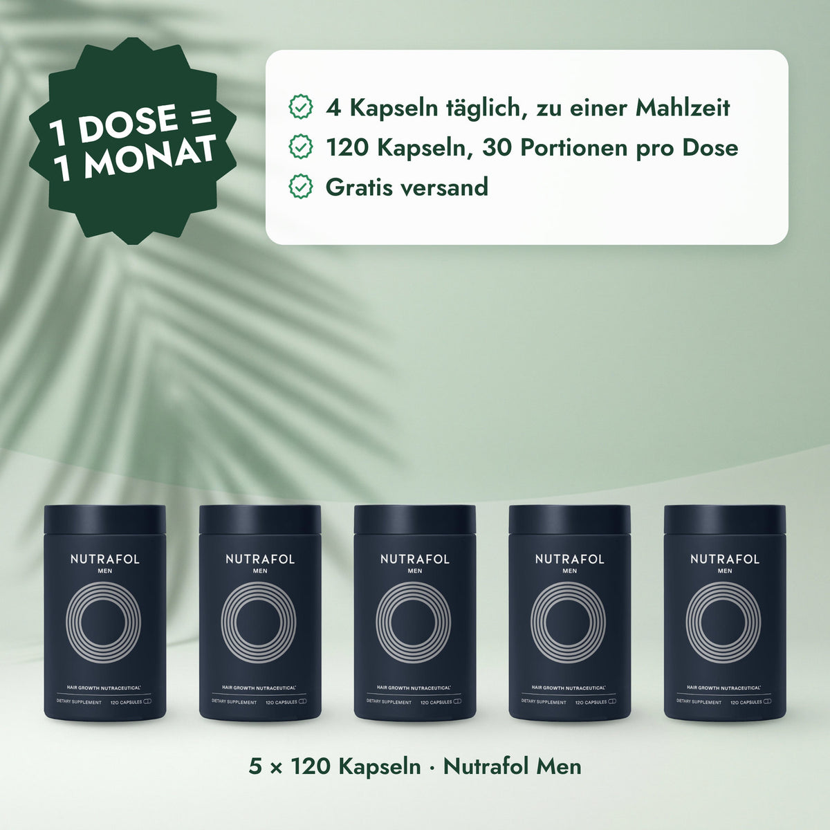 5 × 120 Kapseln · Nutrafol Men: 1 Dose = 1 Monat
