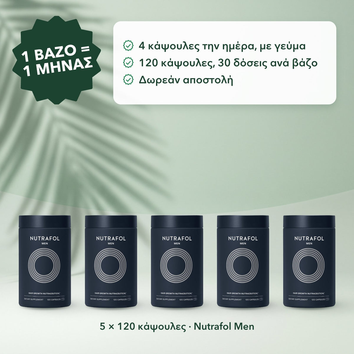 5 × 120 κάψουλες · Nutrafol Men: 1 βάζο = 1 μήνας