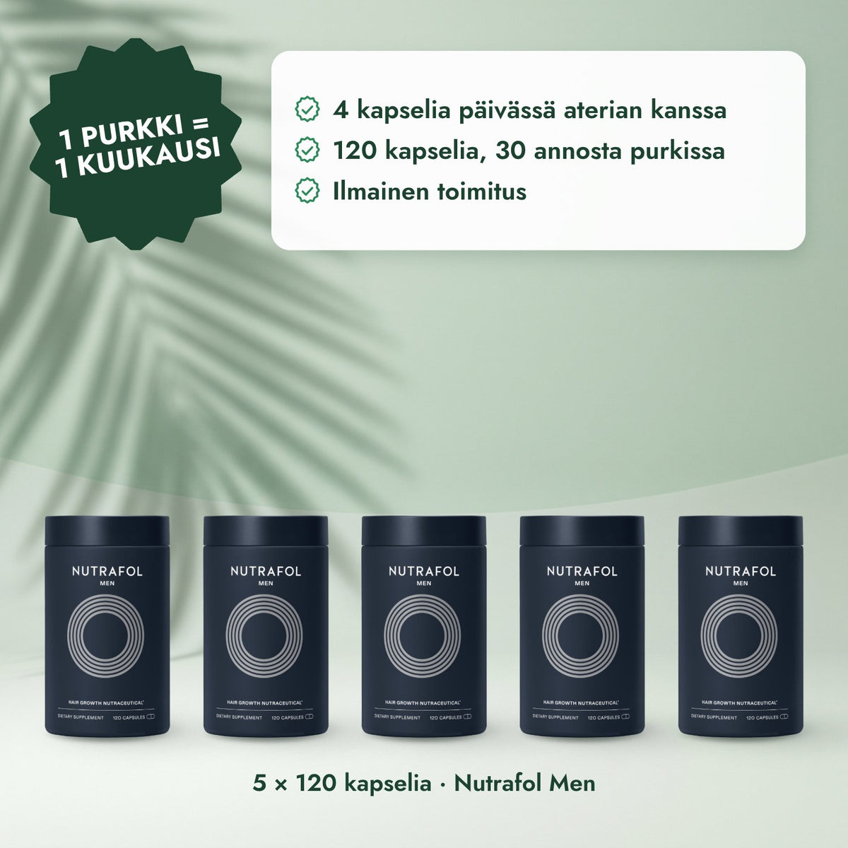 5 × 120 kapselia · Nutrafol Men: 1 purkki = 1 kuukausi