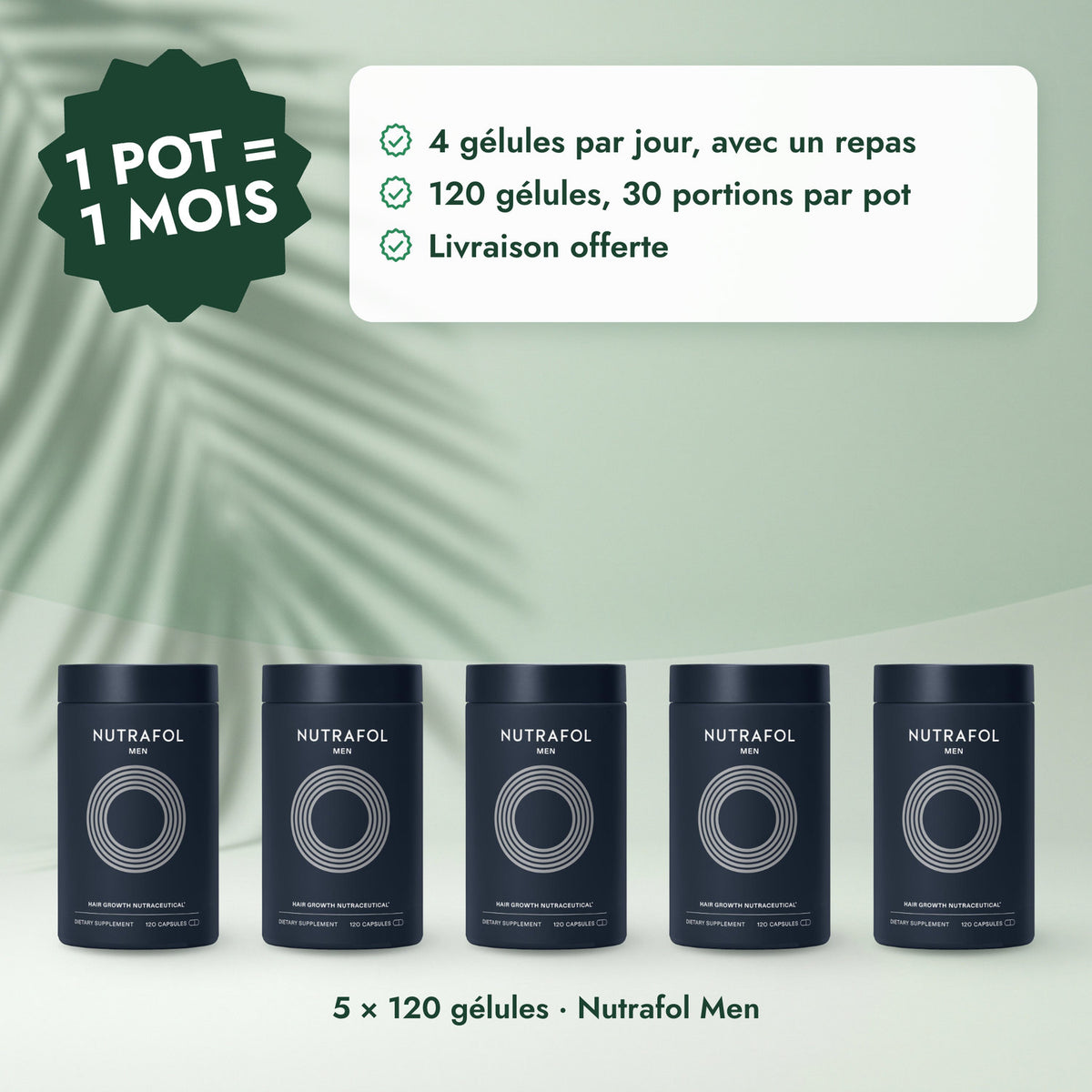 5 × 120 gélules · Nutrafol Men: 1 pot = 1 mois