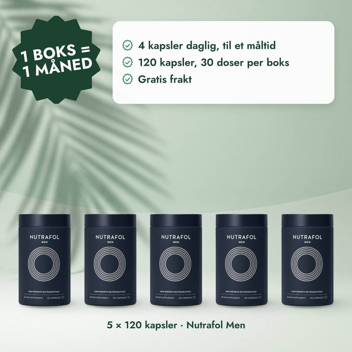 5 × 120 kapsler · Nutrafol Men: 1 boks = 1 måned