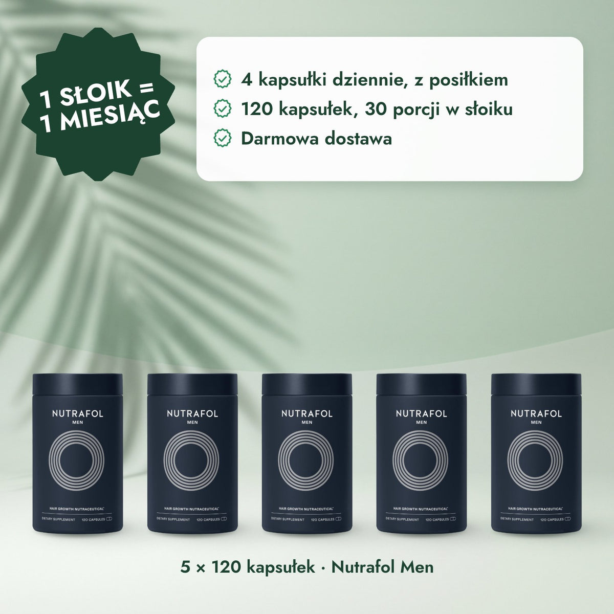 5 × 120 kapsułek · Nutrafol Men: 1 słoik = 1 miesiąc