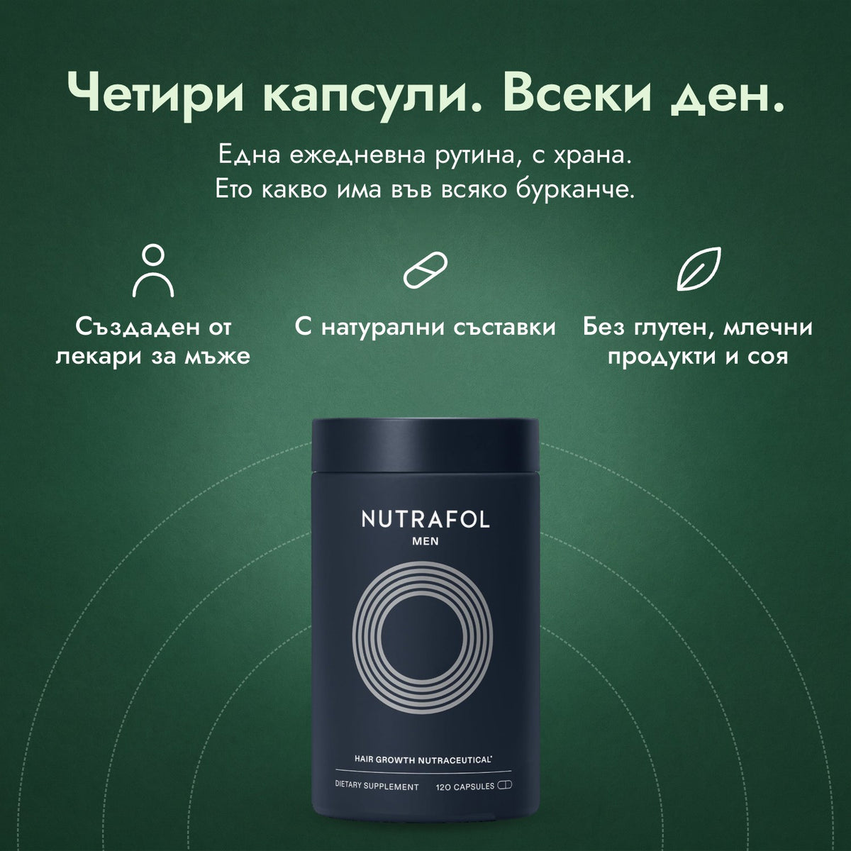 Nutrafol Men: Четири капсули. Всеки ден. Създаден от лекари за мъже, С натурални съставки, Без глутен, млечни продукти и соя