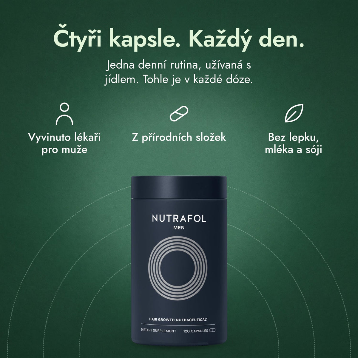 Nutrafol Men: Čtyři kapsle. Každý den. Vyvinuto lékaři pro muže, Z přírodních složek, Bez lepku, mléka a sóji
