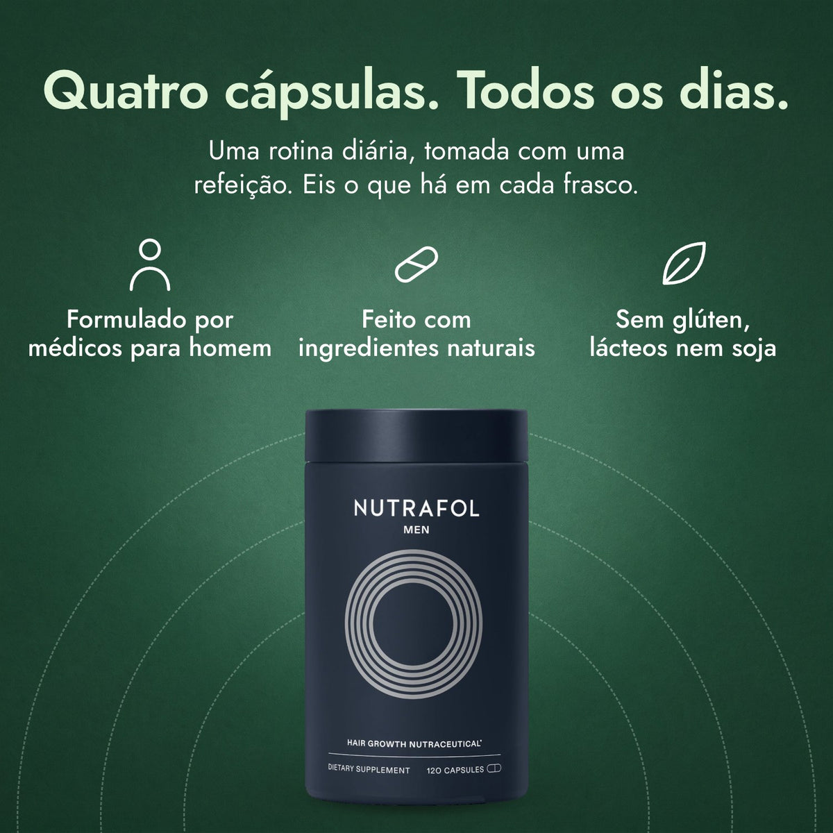 Nutrafol Men: Quatro cápsulas. Todos os dias. Formulado por médicos para homem, Feito com ingredientes naturais, Sem glúten, lácteos nem soja