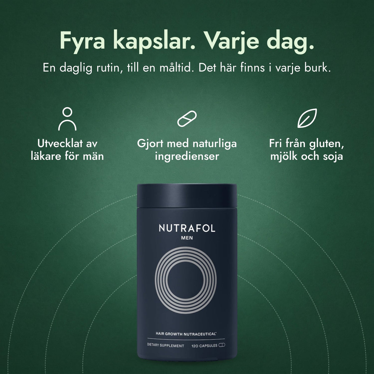 Nutrafol Men: Fyra kapslar. Varje dag. Utvecklat av läkare för män, Gjort med naturliga ingredienser, Fri från gluten, mjölk och soja