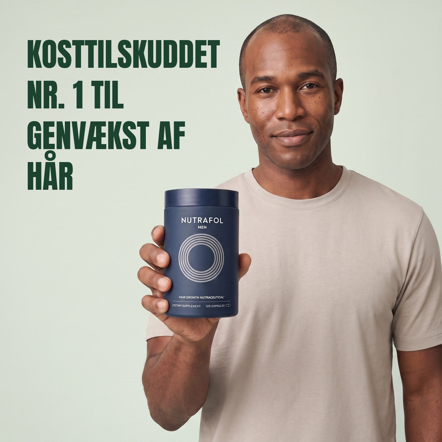 Man holding the Nutrafol for Men supplement box against a green background