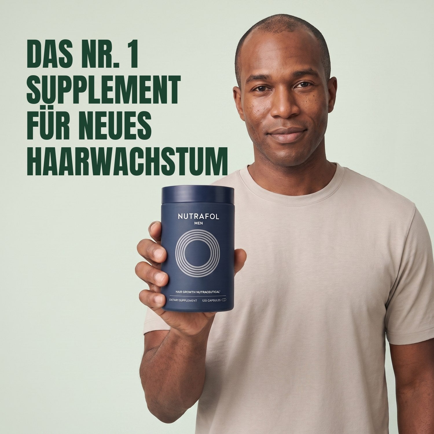 Man holding the Nutrafol for Men supplement box against a green background