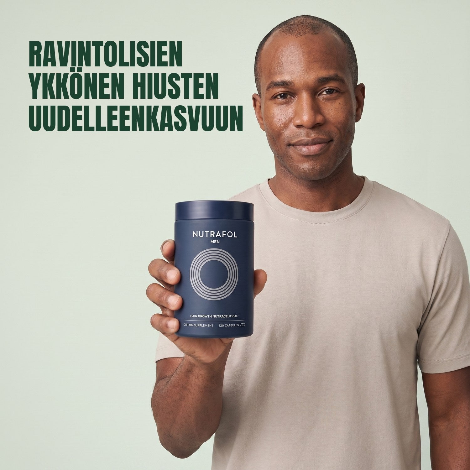 Man holding the Nutrafol for Men supplement box against a green background