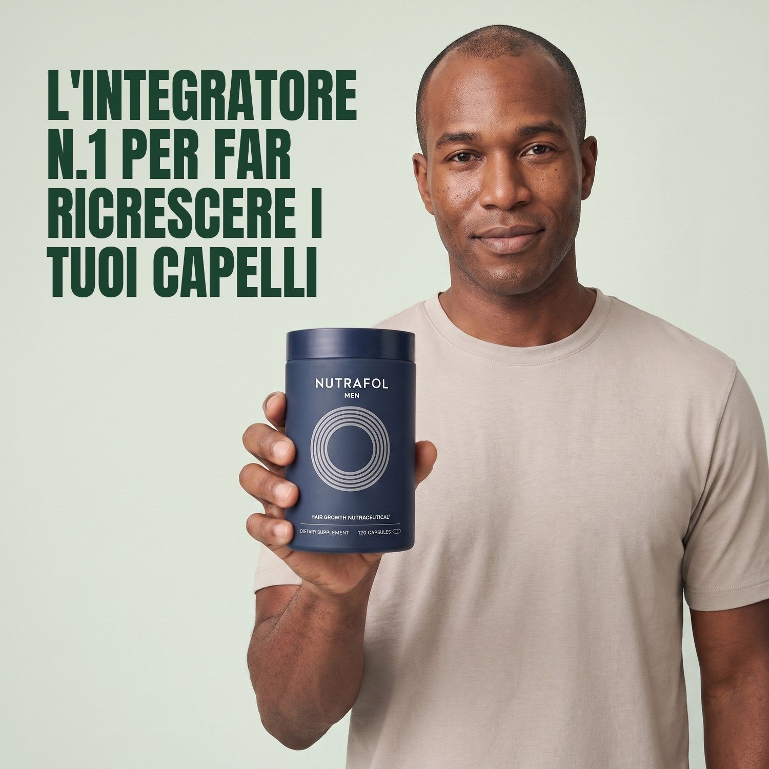 Man holding the Nutrafol for Men supplement box against a green background