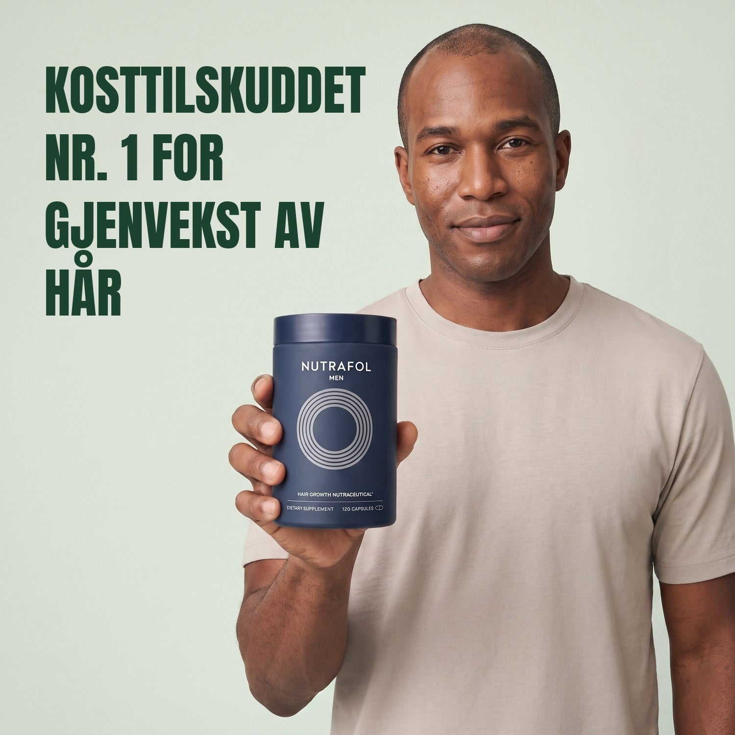Man holding the Nutrafol for Men supplement box against a green background