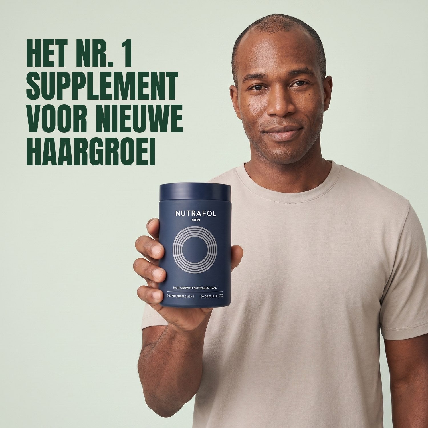Man holding the Nutrafol for Men supplement box against a green background