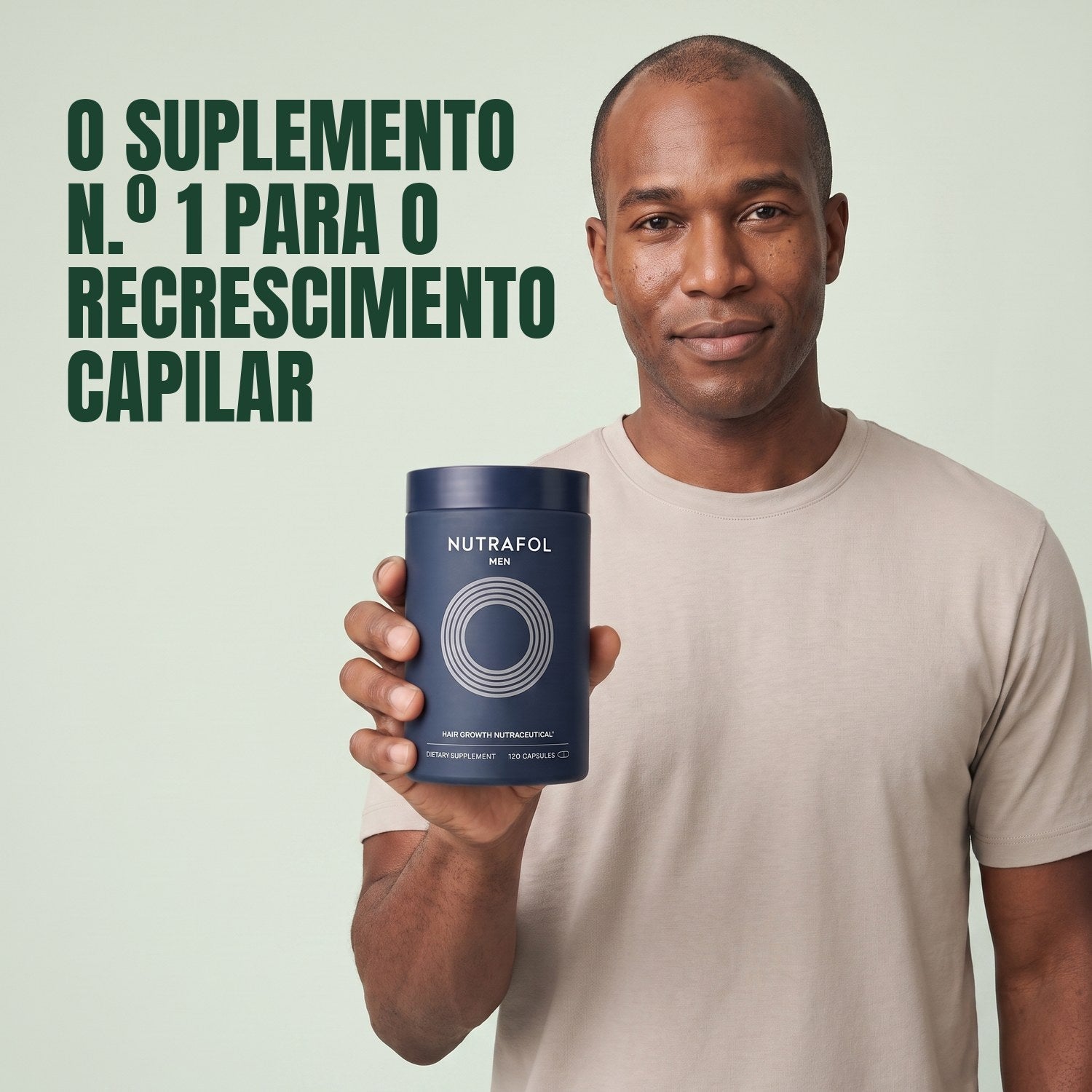 Man holding the Nutrafol for Men supplement box against a green background