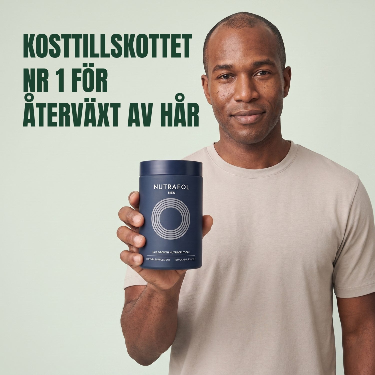 Man holding the Nutrafol for Men supplement box against a green background