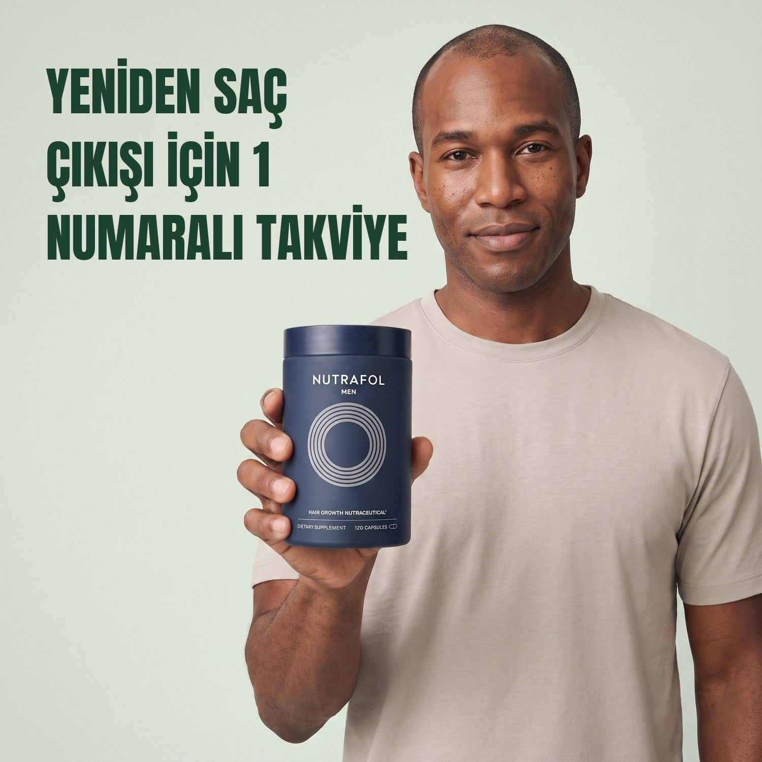 Man holding the Nutrafol for Men supplement box against a green background