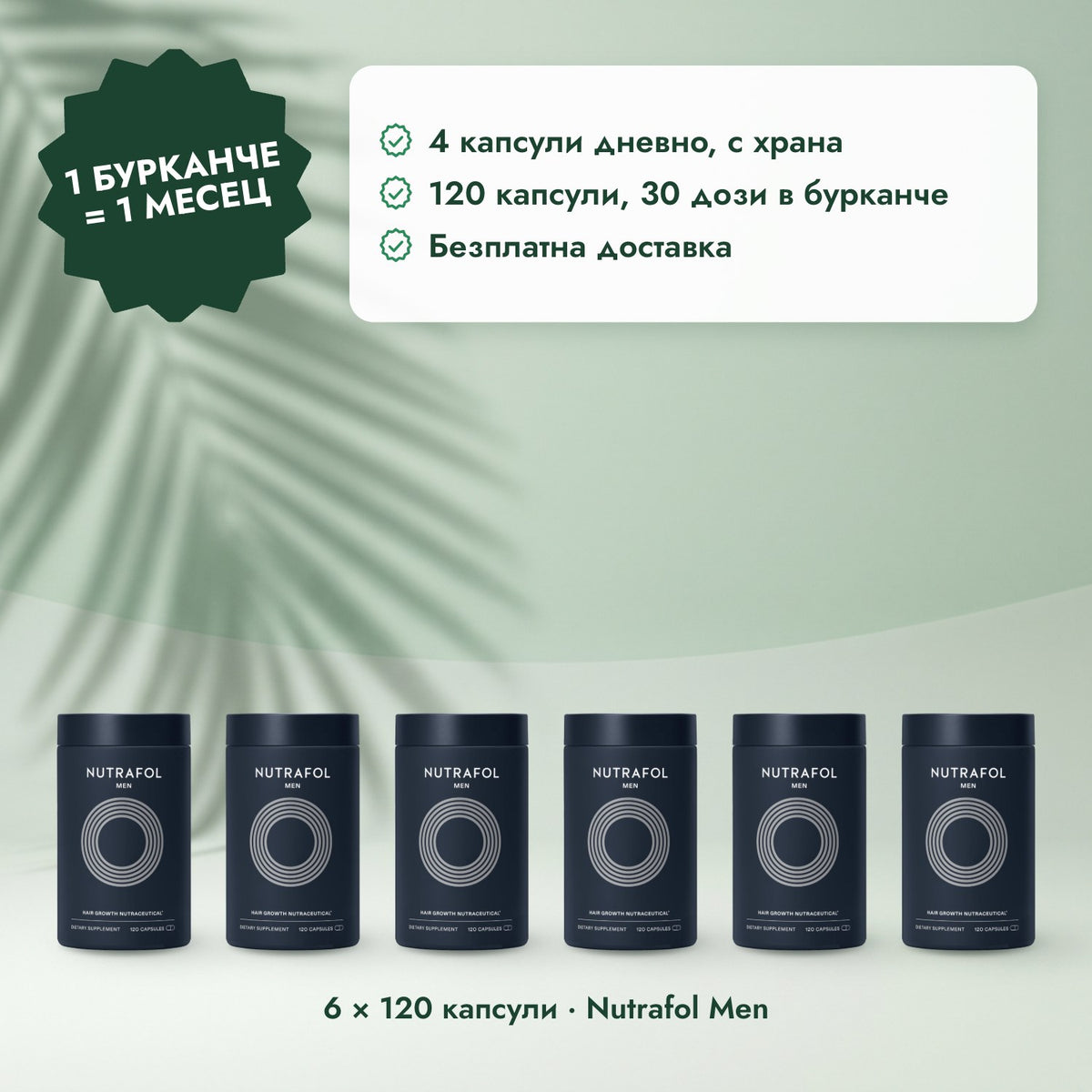 6 × 120 капсули · Nutrafol Men: 1 бурканче = 1 месец
