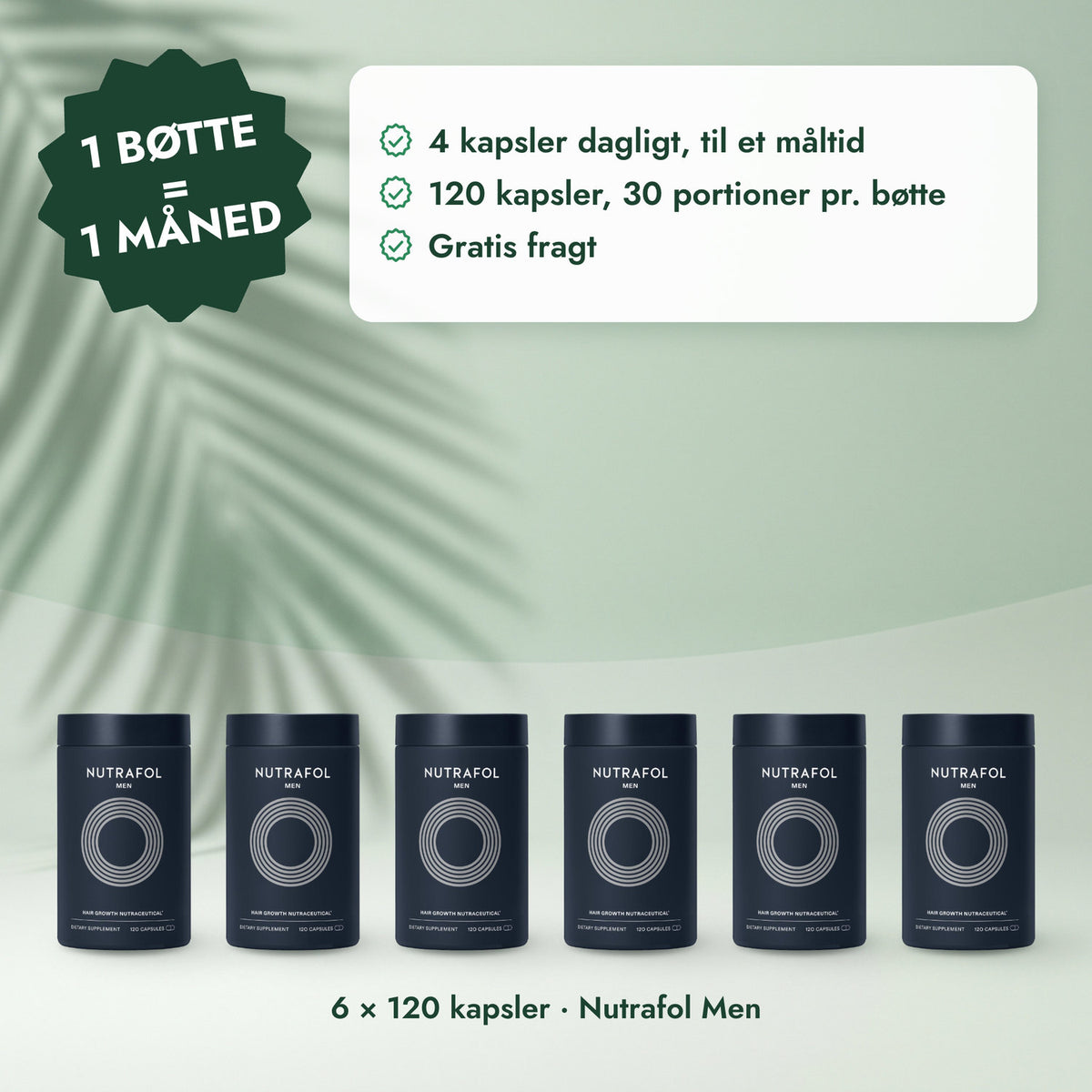 6 × 120 kapsler · Nutrafol Men: 1 bøtte = 1 måned