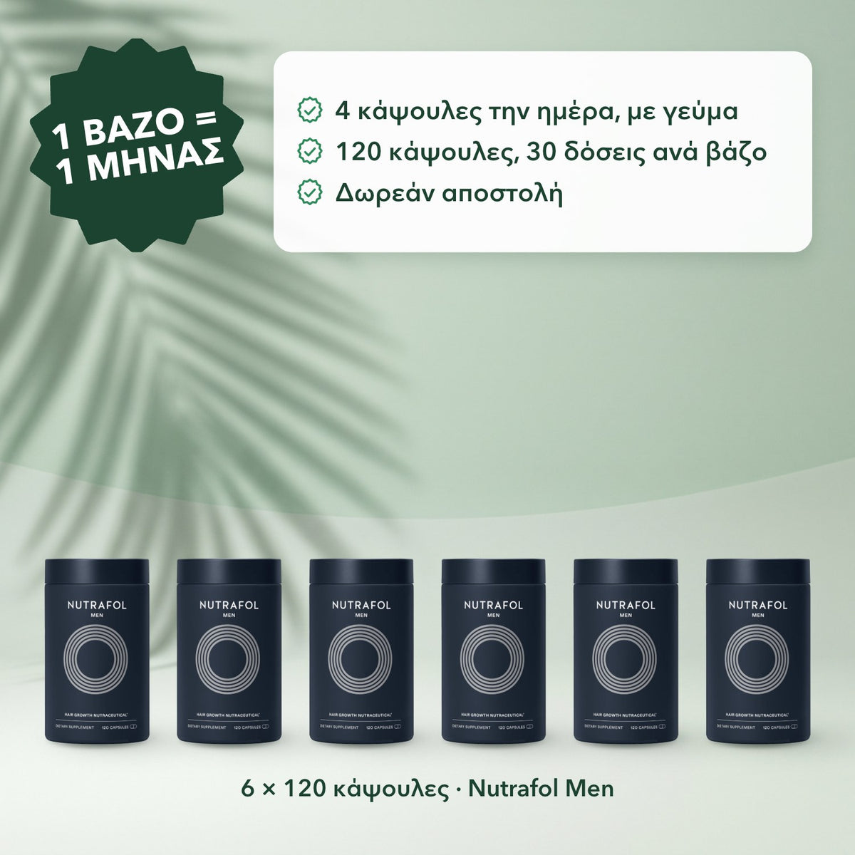 6 × 120 κάψουλες · Nutrafol Men: 1 βάζο = 1 μήνας