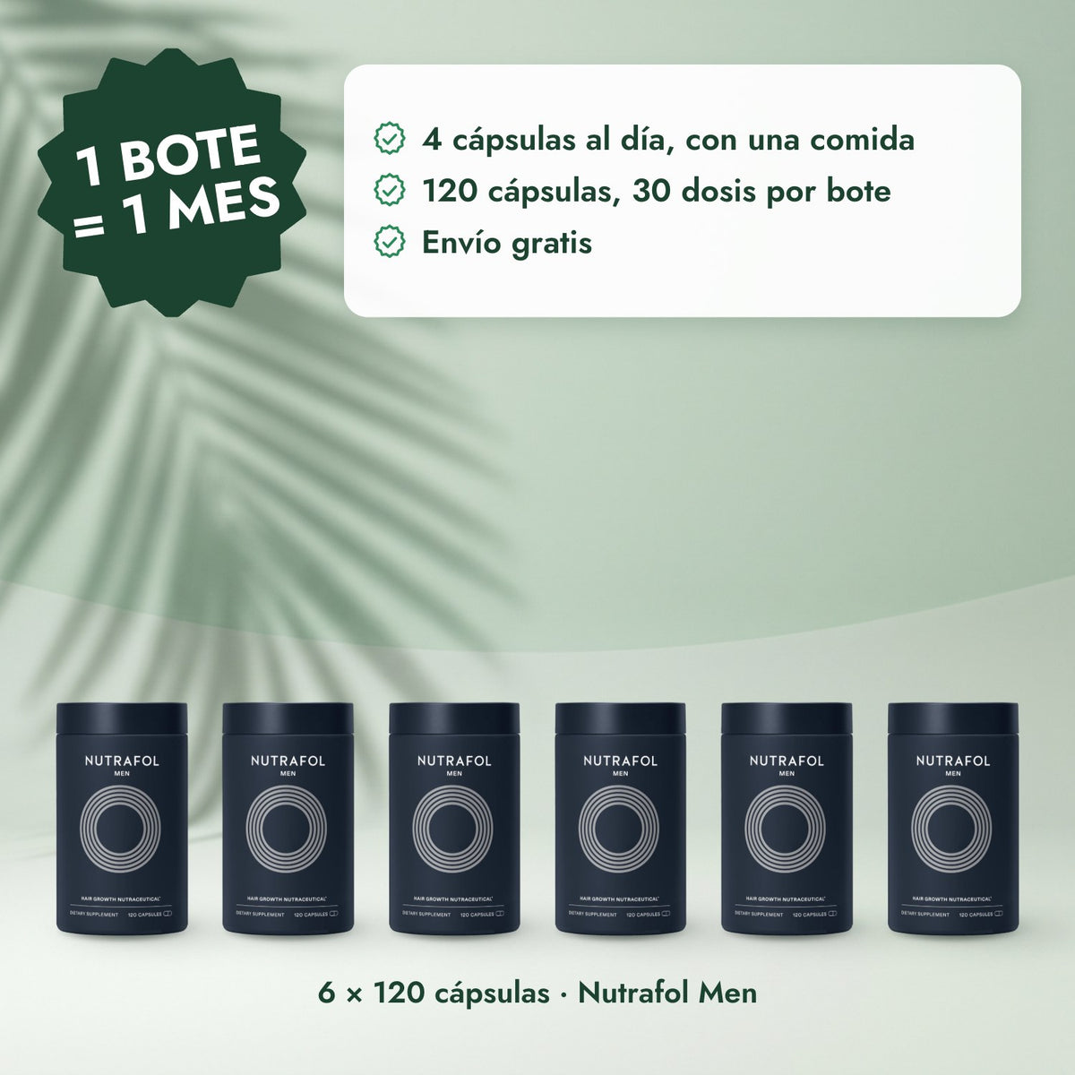 6 × 120 cápsulas · Nutrafol Men: 1 bote = 1 mes