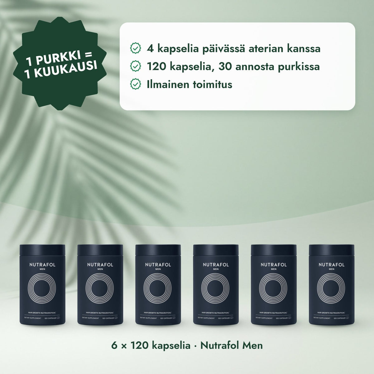 6 × 120 kapselia · Nutrafol Men: 1 purkki = 1 kuukausi