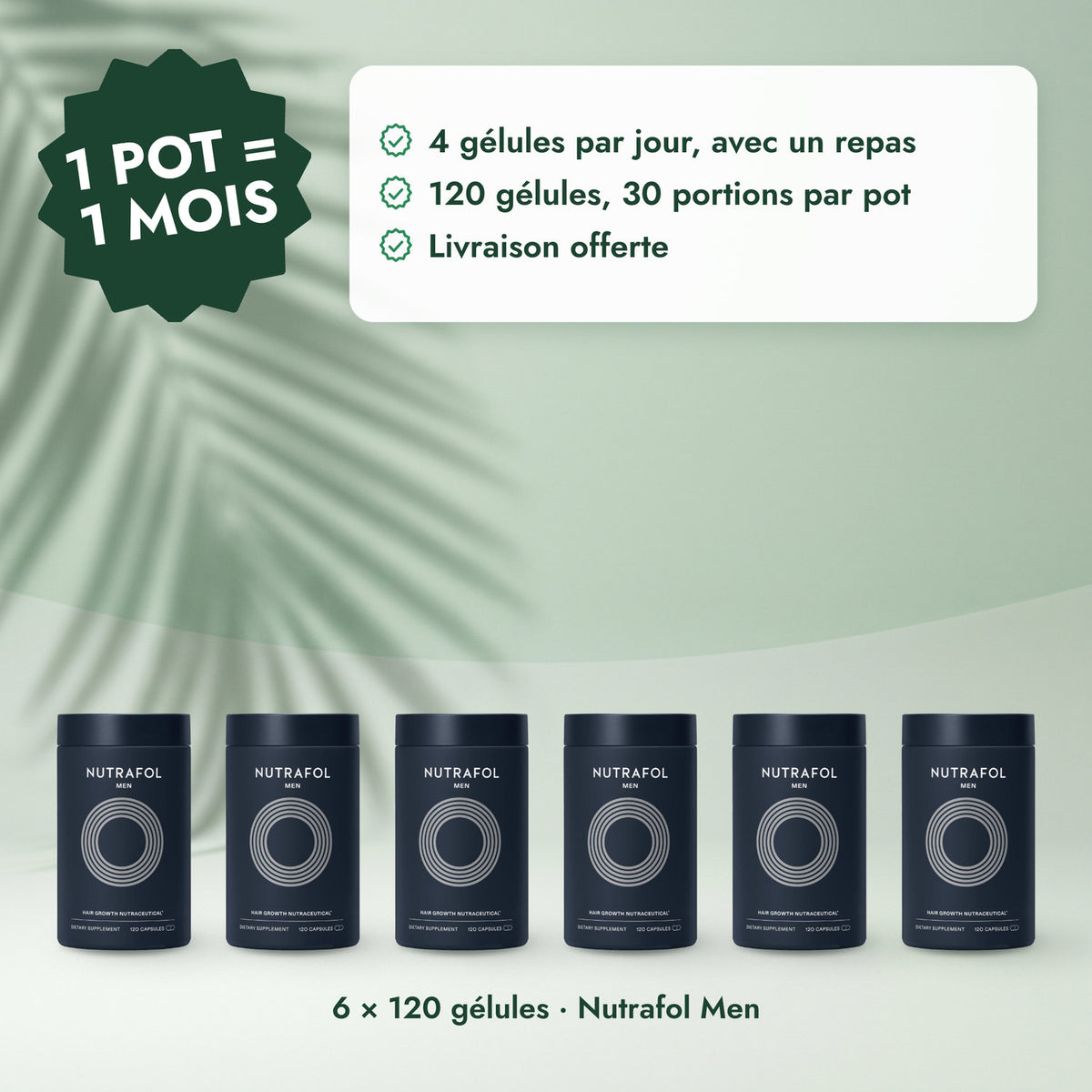 6 × 120 gélules · Nutrafol Men: 1 pot = 1 mois