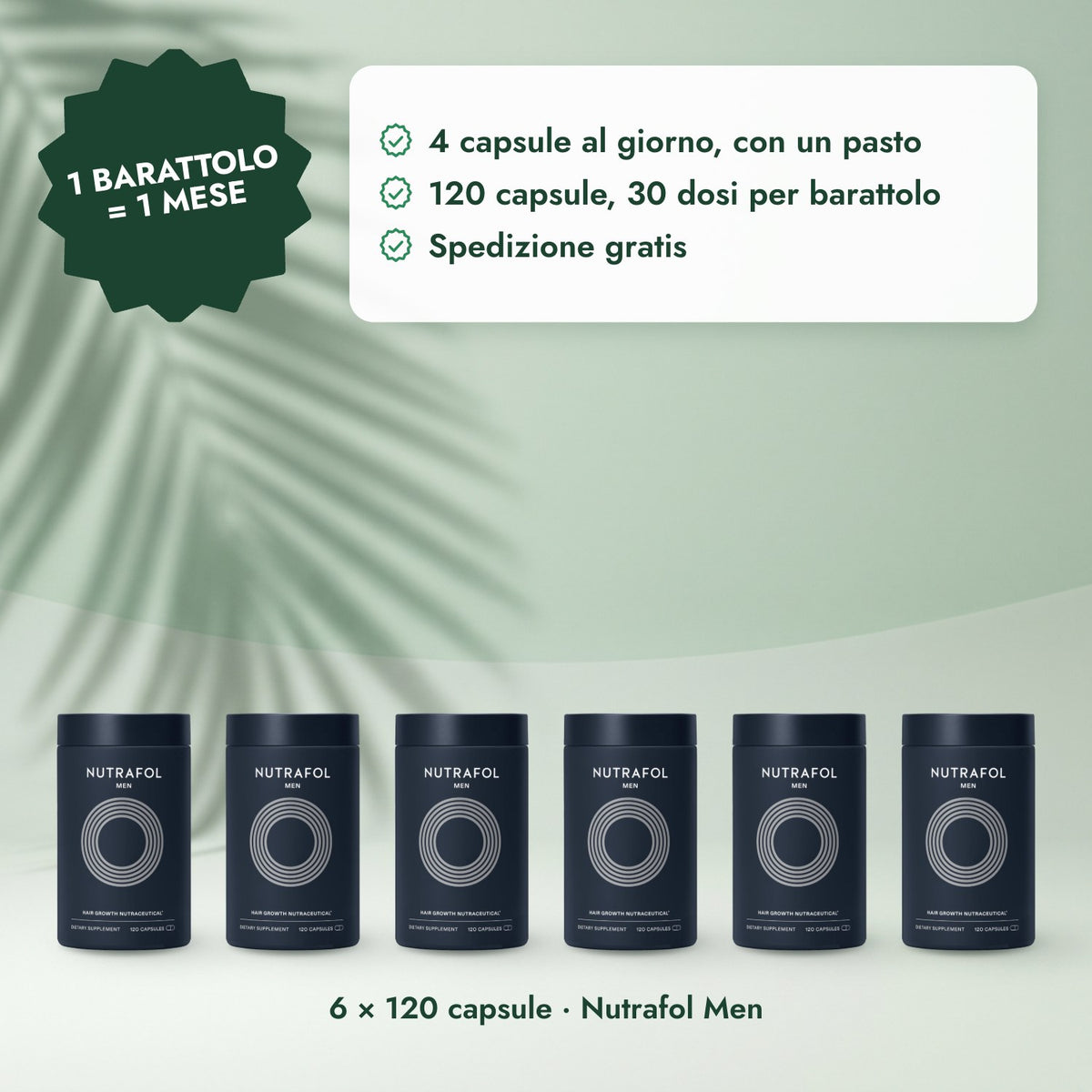 6 × 120 capsule · Nutrafol Men: 1 barattolo = 1 mese
