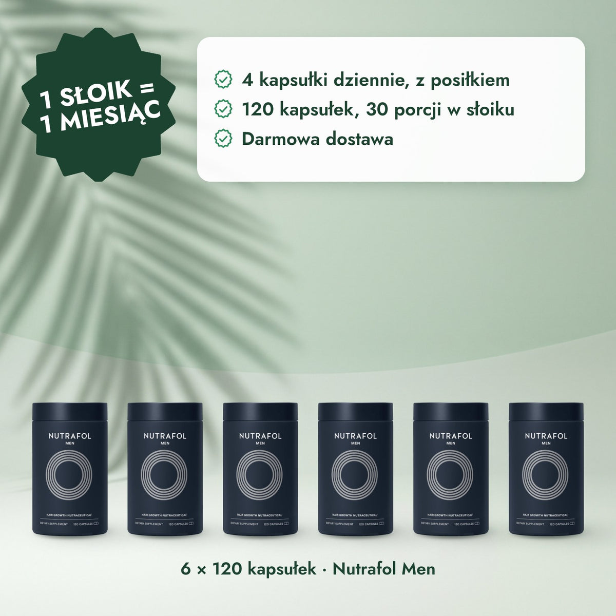 6 × 120 kapsułek · Nutrafol Men: 1 słoik = 1 miesiąc