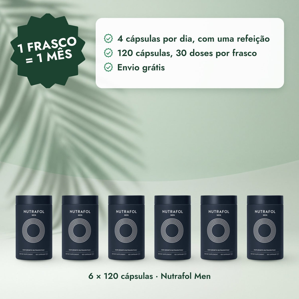 6 × 120 cápsulas · Nutrafol Men: 1 frasco = 1 mês