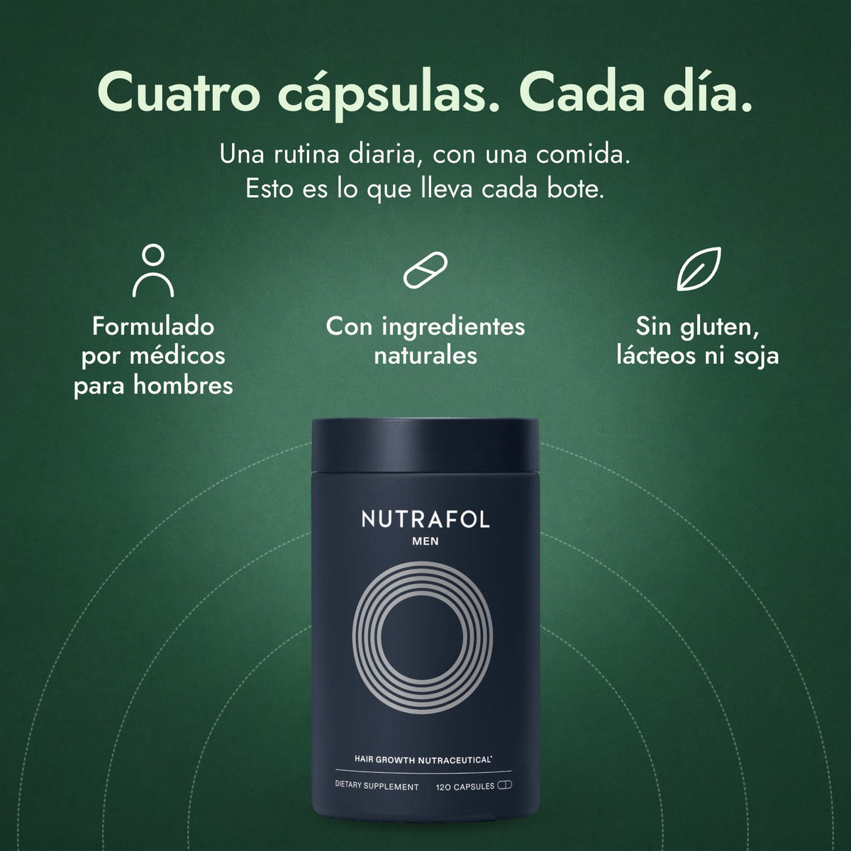 Nutrafol Men: Cuatro cápsulas. Cada día. Formulado por médicos para hombres, Con ingredientes naturales, Sin gluten, lácteos ni soja