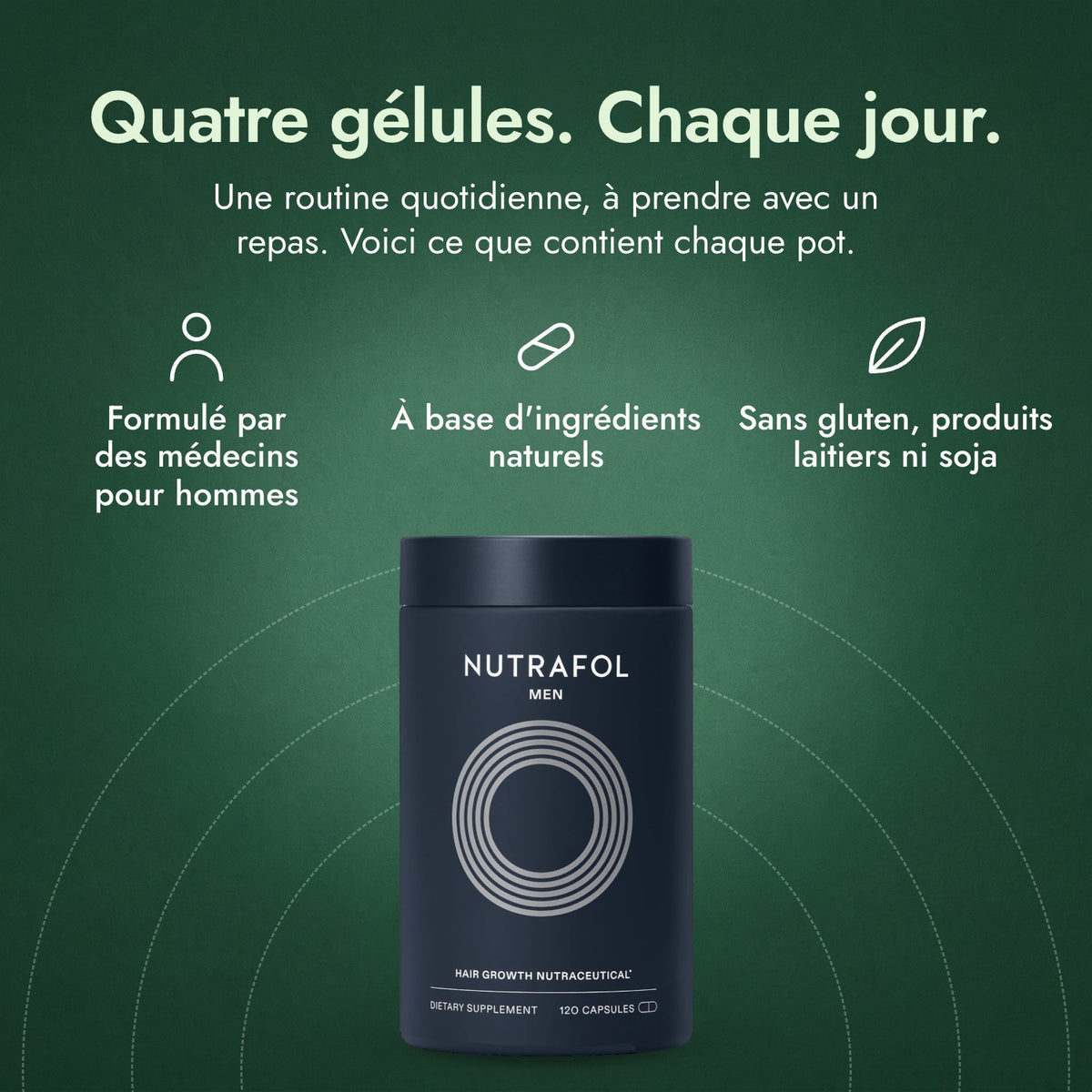 Nutrafol Men: Quatre gélules. Chaque jour. Formulé par des médecins pour hommes, À base d'ingrédients naturels, Sans gluten, produits laitiers ni soja