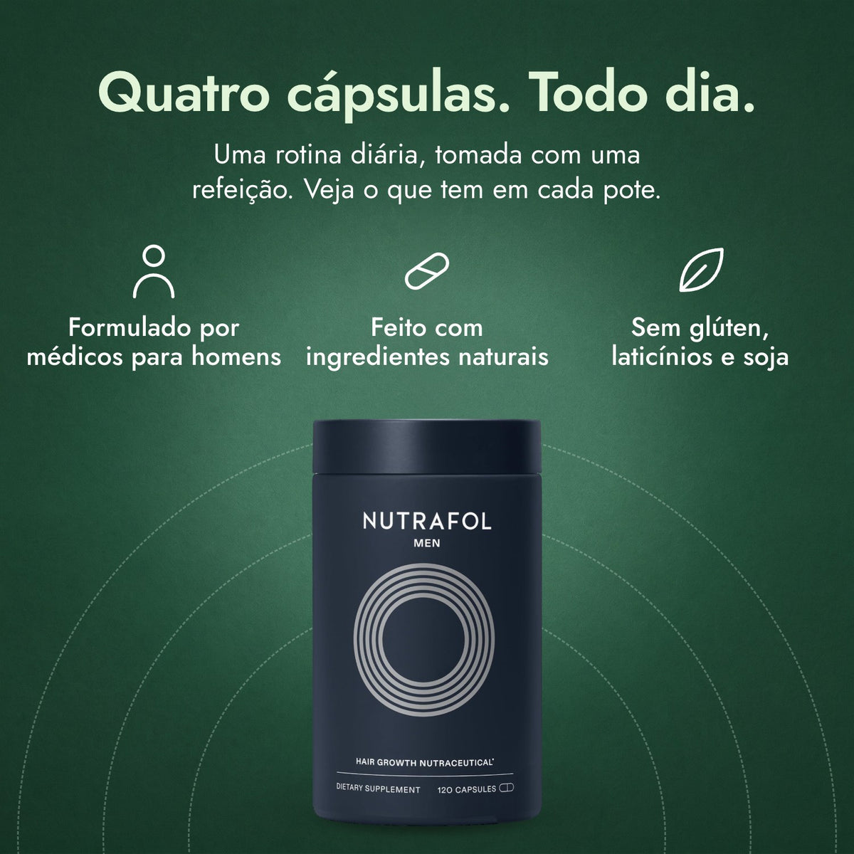 Nutrafol Men: Quatro cápsulas. Todo dia. Formulado por médicos para homens, Feito com ingredientes naturais, Sem glúten, laticínios e soja