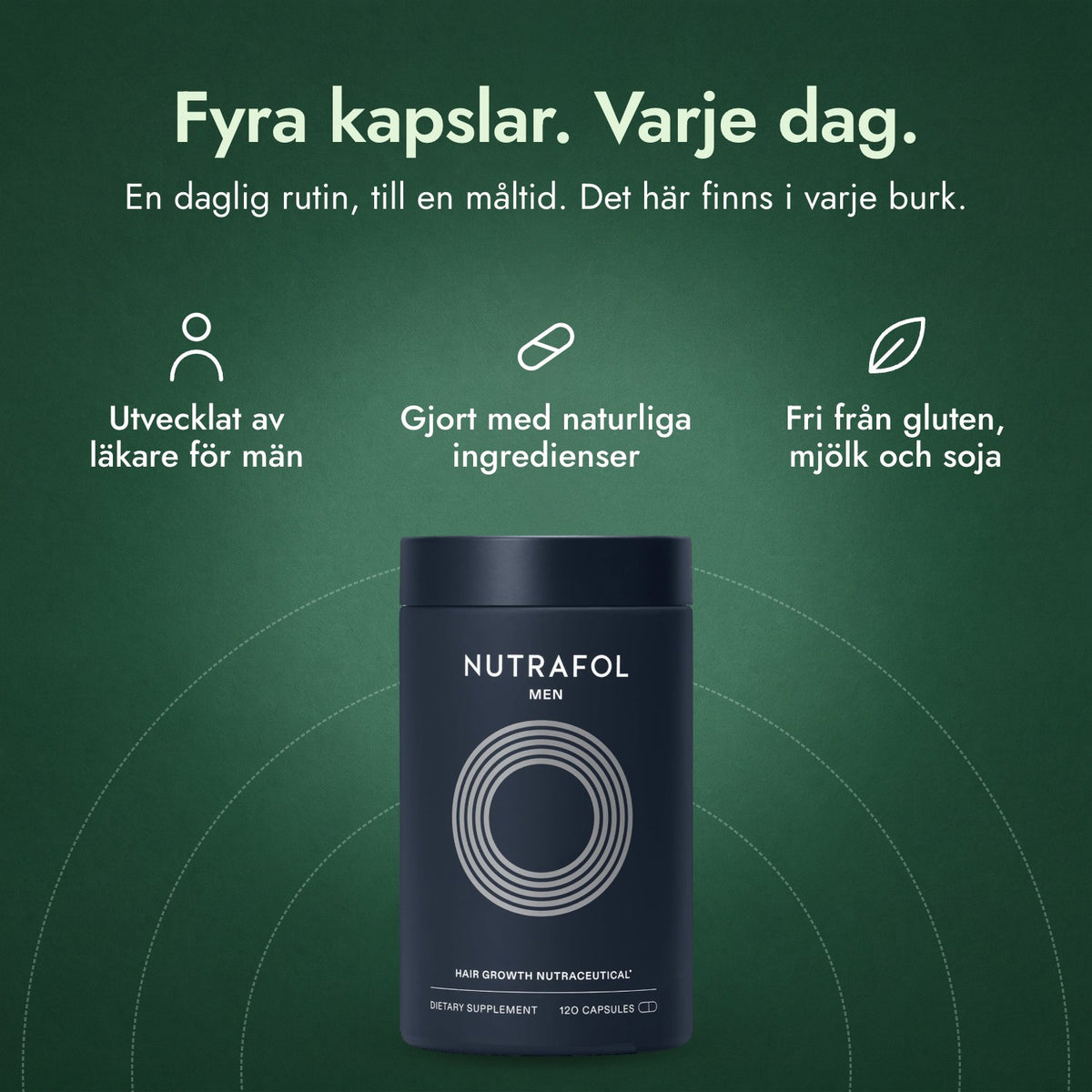 Nutrafol Men: Fyra kapslar. Varje dag. Utvecklat av läkare för män, Gjort med naturliga ingredienser, Fri från gluten, mjölk och soja