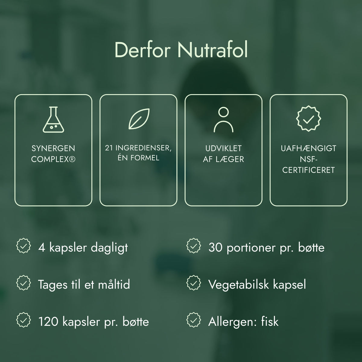 Derfor Nutrafol: Synergen Complex®, 21 ingredienser, én formel, Udviklet af læger, Uafhængigt NSF-certificeret