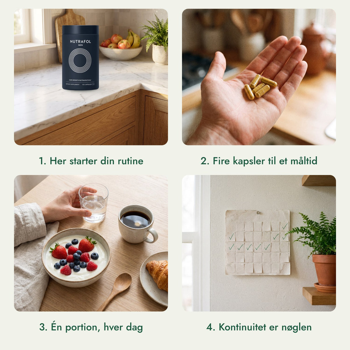 Nutrafol Men: Her starter din rutine, Fire kapsler til et måltid, Én portion, hver dag, Kontinuitet er nøglen