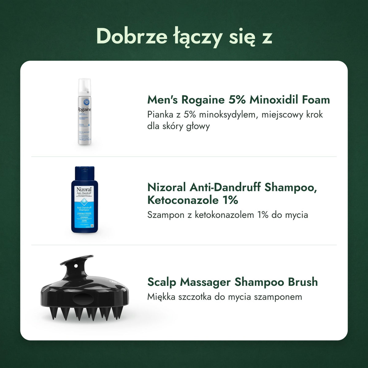 Dobrze łączy się z: Men's Rogaine pianka z minoksydylem 5%, Nizoral szampon przeciwłupieżowy, ketokonazol 1%, Szczotka do masażu skóry głowy