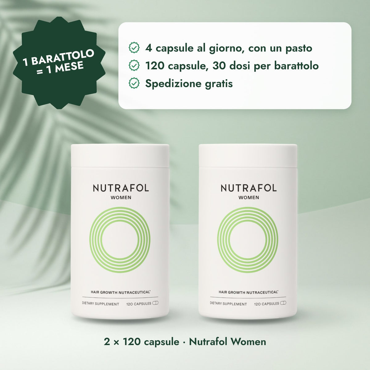 2 × 120 capsule · Nutrafol Women: 1 barattolo = 1 mese