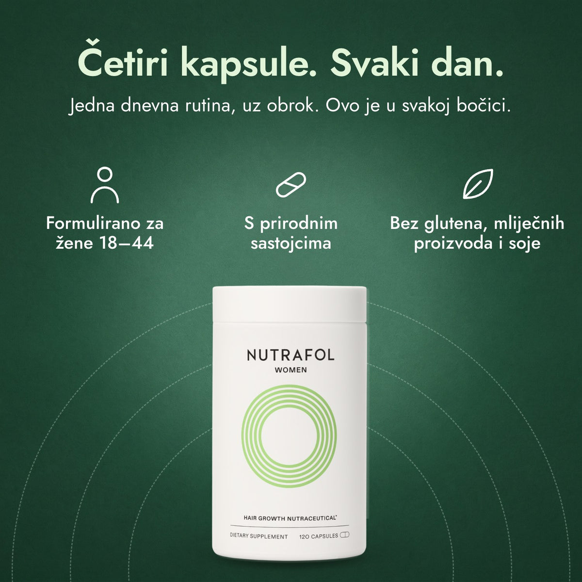 Nutrafol Women: Četiri kapsule. Svaki dan. Formulirano za žene 18–44, S prirodnim sastojcima, Bez glutena, mliječnih proizvoda i soje