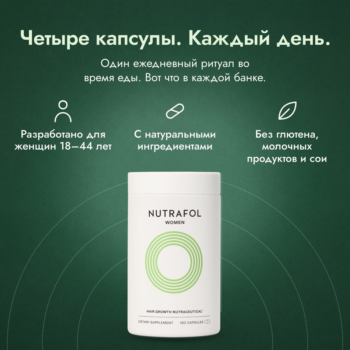 Nutrafol Women: Четыре капсулы. Каждый день. Разработано для женщин 18–44 лет, С натуральными ингредиентами, Без глютена, молочных продуктов и сои