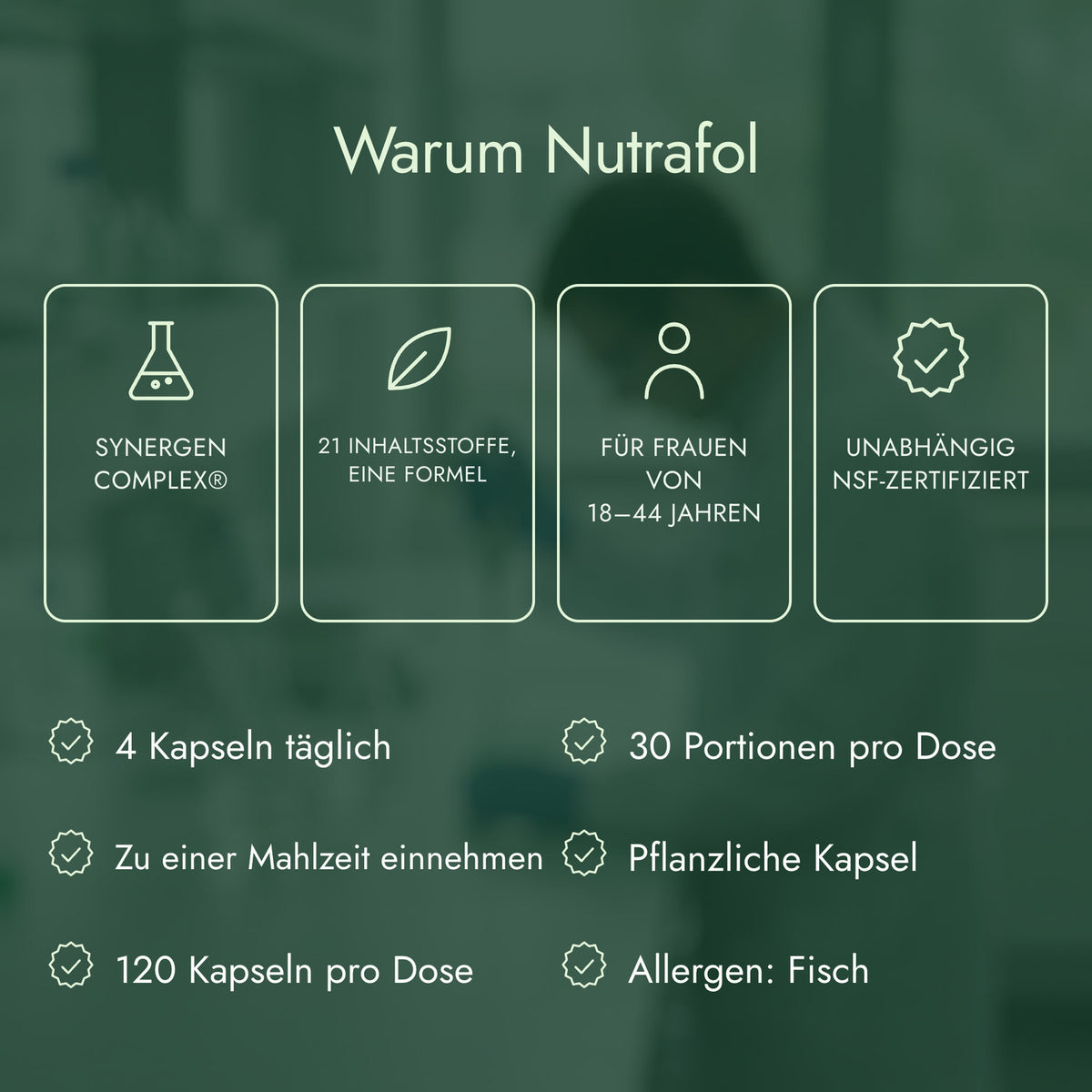 Warum Nutrafol: Synergen Complex®, 21 Inhaltsstoffe, eine Formel, Für Frauen von 18–44 Jahren, Unabhängig NSF-zertifiziert