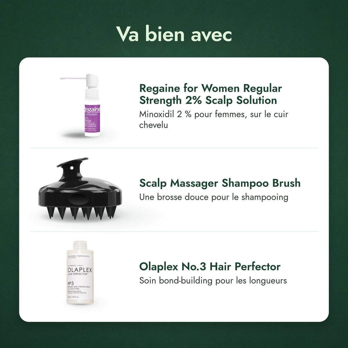Va bien avec: Regaine Femme Dosage normal 2 % solution, Masseur crânien, brosse à shampooing, Olaplex No.3 Hair Perfector
