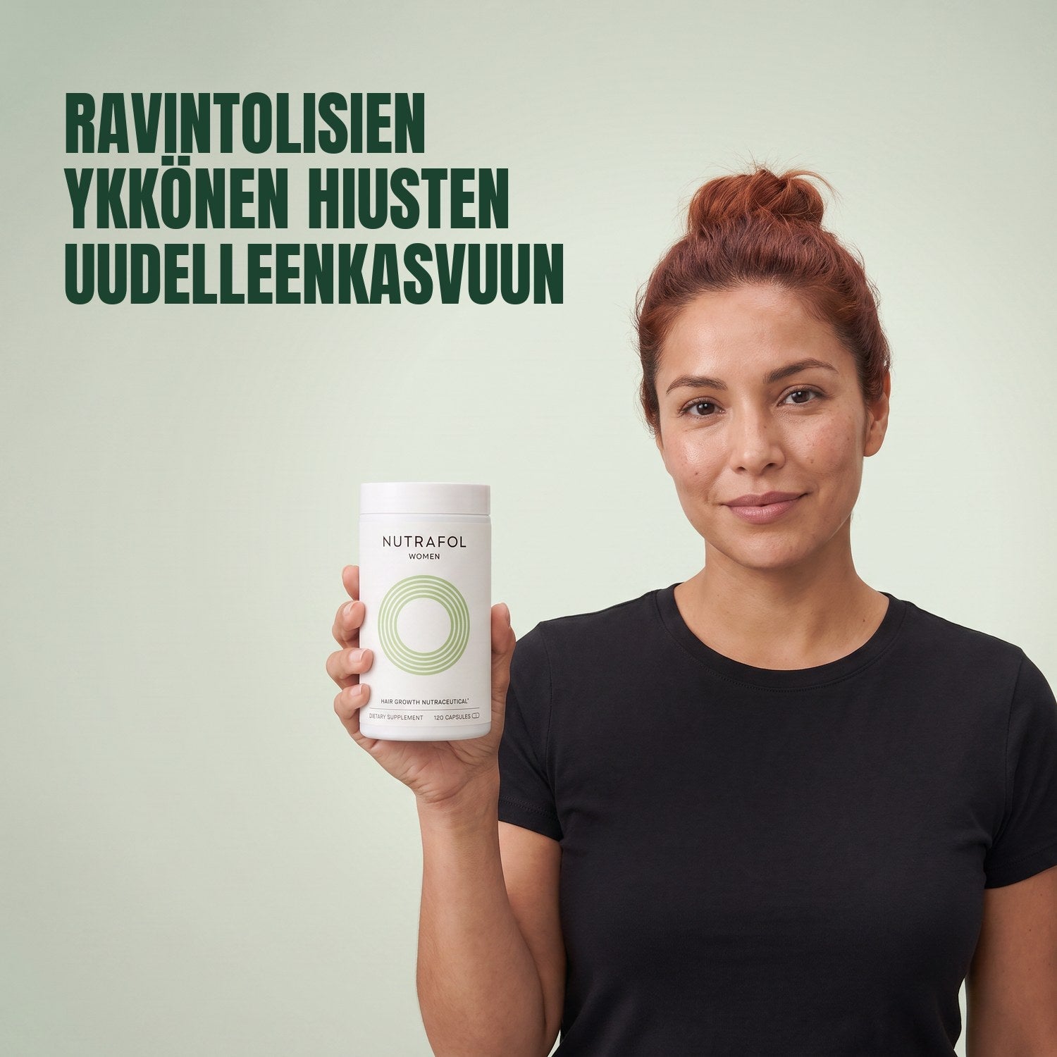Woman holding the Nutrafol for Women 18-44 supplement box against a green background