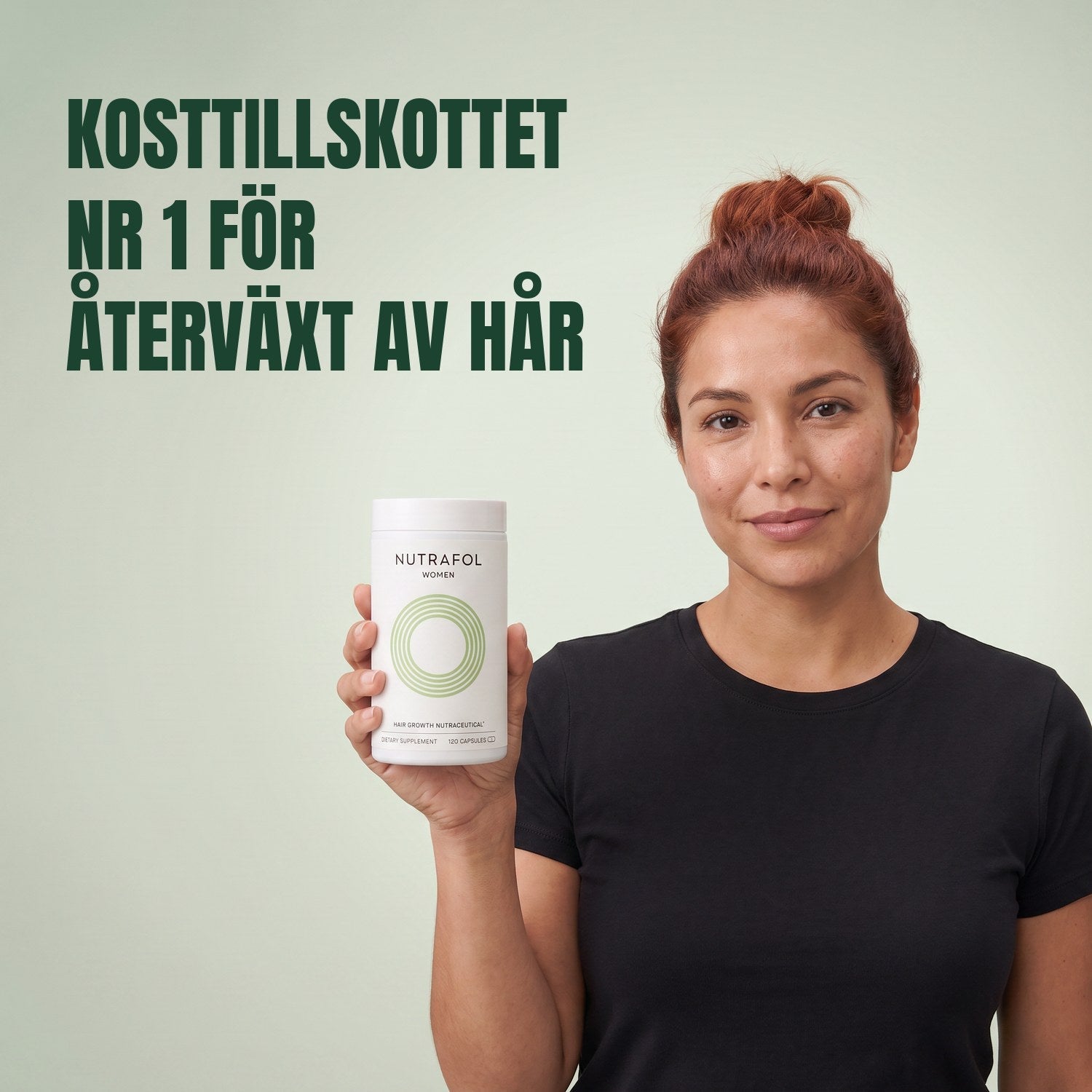 Woman holding the Nutrafol for Women 18-44 supplement box against a green background