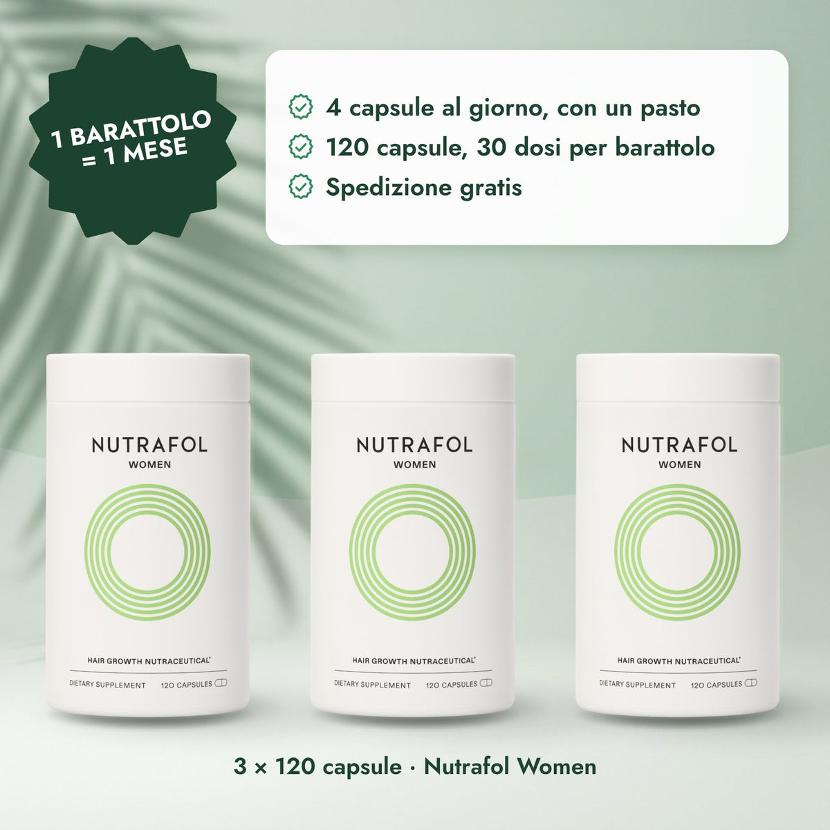3 × 120 capsule · Nutrafol Women: 1 barattolo = 1 mese