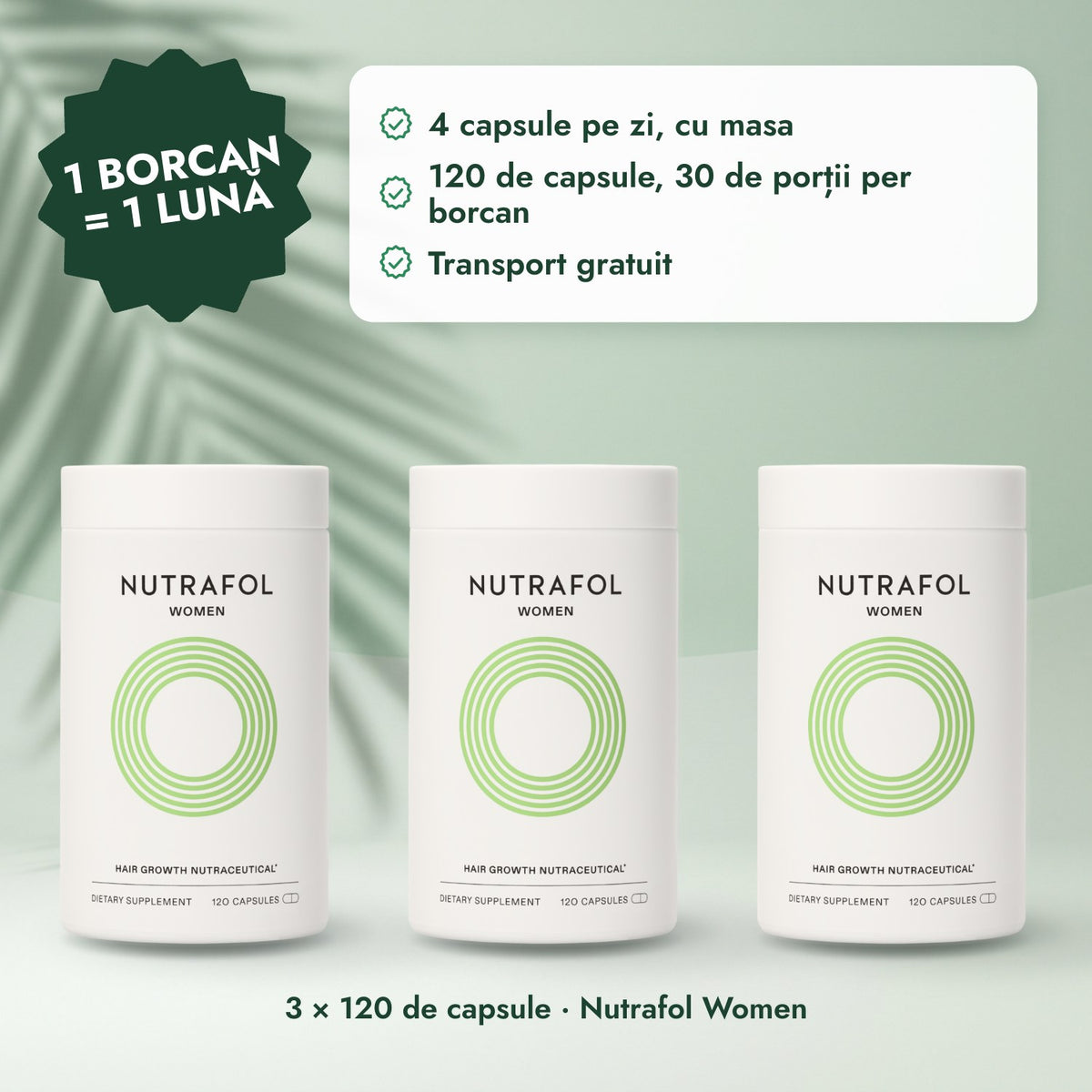 3 × 120 de capsule · Nutrafol Women: 1 borcan = 1 lună